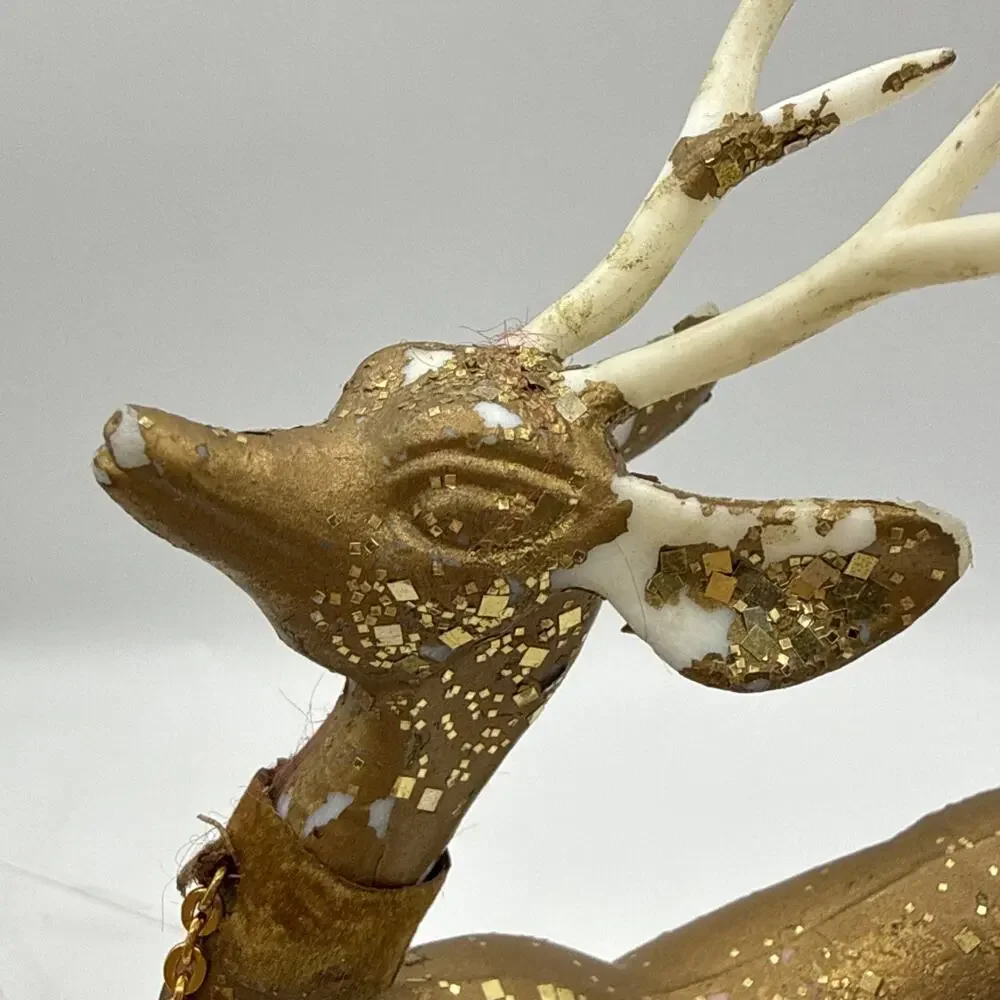 Vintage 1960s MCM Hard Plastic Gold Glitter Christmas Reindeer Deer Buck READ